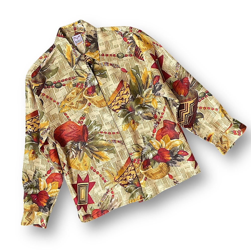 Vintage Silk Tropical Harvest Print Button-Up Shirt